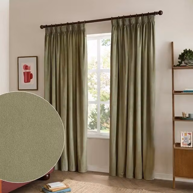 Furn Green Velvet 100% Blackout Pencil Pleat Curtain Pair, Thermal Insulating, Width: 229 cm, Drop: 229 cm