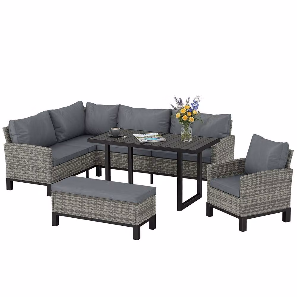 OUTSUNNY Rattan Garden Furniture Sofa and Outdoor Dining Set for 9 Adults, Dark Grey – 2
