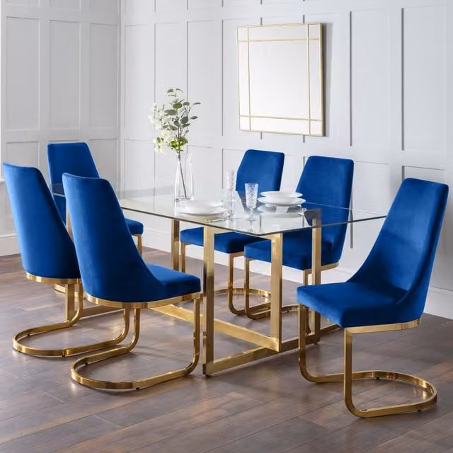 Julian Bowen Minori Rectangular Glass Dining Table and 6 Vittoria Chairs Set in Blue and Gold