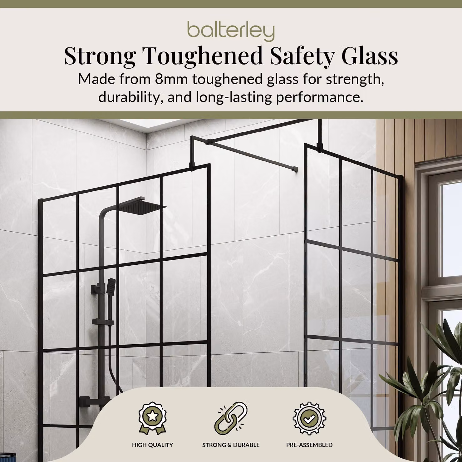 Balterley Single Panel 8mm Safety Glass Wetroom Screen with Black Frame, W: 110 cm, H: 195 cm – 3