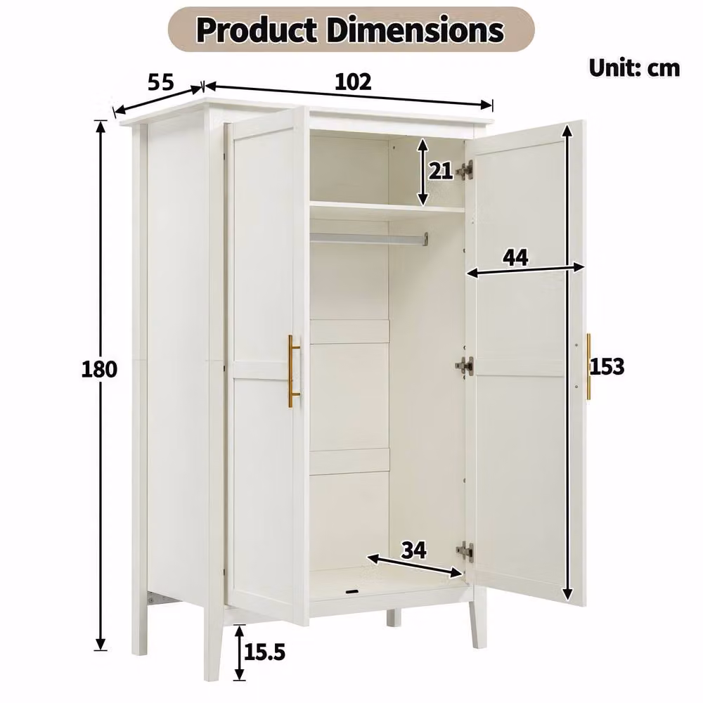 Merax 2 Door Double Freestanding Wardrobe with Hanging Rail and Open Shelf in Cream – 3