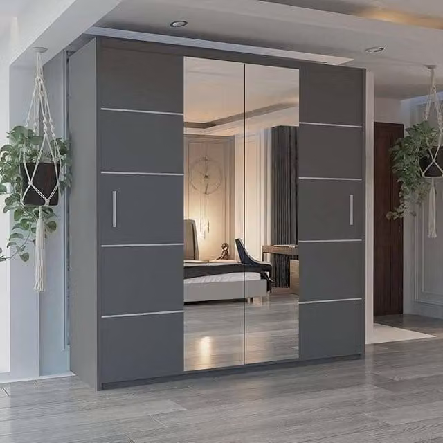 Sliding Wardrobes 4U Modern Grey Sliding Wardrobe with Integrated LED Lighting W: 203 cm, H: 217 cm, D: 62 cm