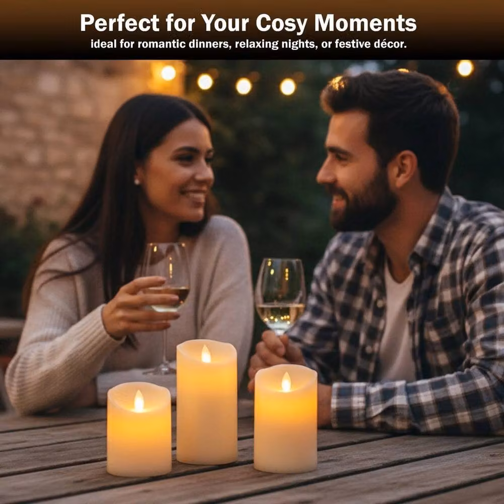 VOGREX 3 Pack White Real Wax LED Flickering Pillar Candles with Remote Control and Timer – 3