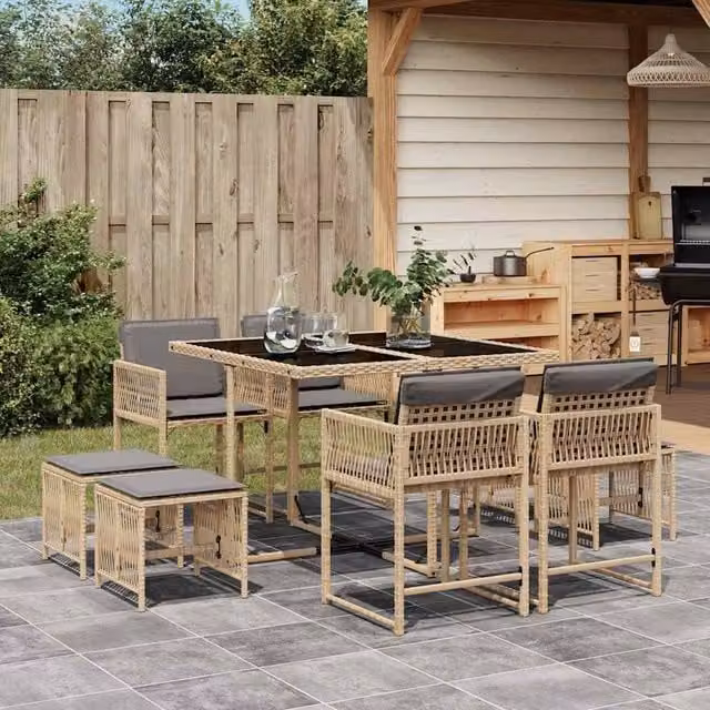 Berkfield Home 9 Piece Poly Rattan Garden Dining Set with Beige Cushions – 1