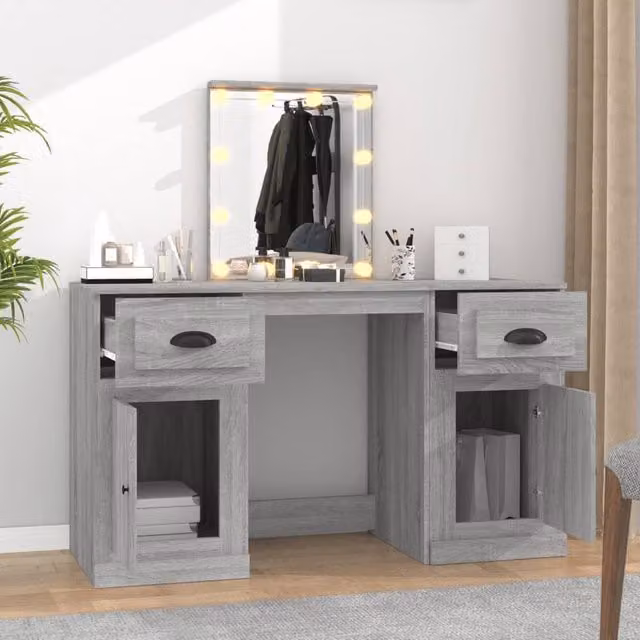 Berkfield Home White and Grey Sonoma Dressing Table with LED Light, W/D/H: 130 x 50 x 132.5 cm – 1