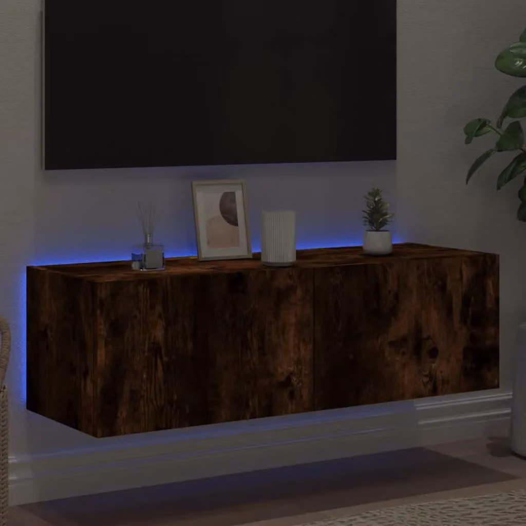 Berkfield Home Modern Wall Mounted TV Cabinet with Integrated LED Lighting in Smoked Oak Brown, W/D/H: 100 x 35 x 31 cm – 4