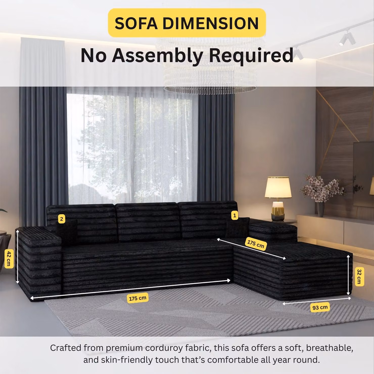 Sliding Wardrobes 4U Smart Right Corner L-Shape Sofa in Black – 3