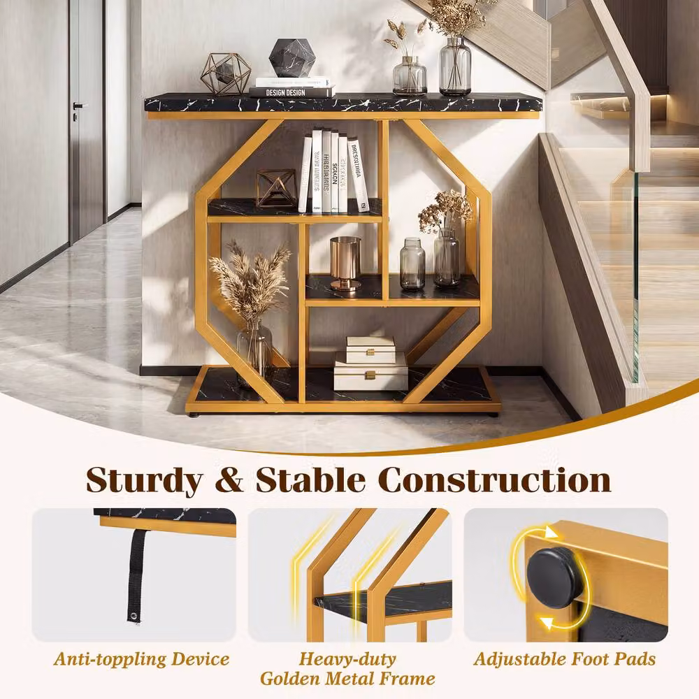 Costway Modern 4-Tier Console Table with Marble Top and Storage Shelves in Black – 4