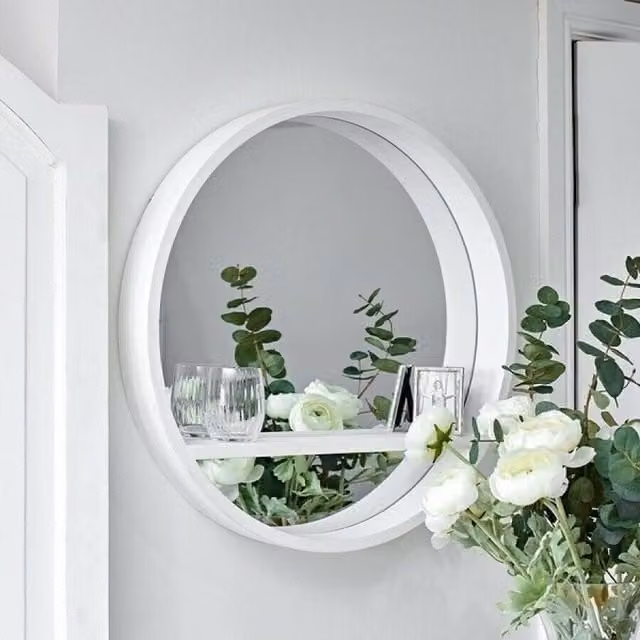 Marco Paul Retro Round Wall Mirror with Shelf in White