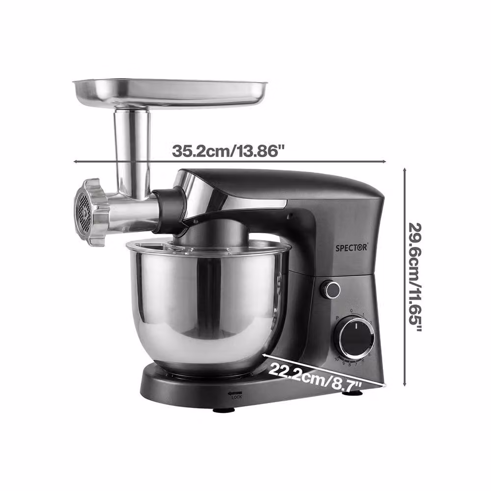 Spector 1500W Stand Mixer with 5.5L Bowl and Meat Grinder in Silver – 3