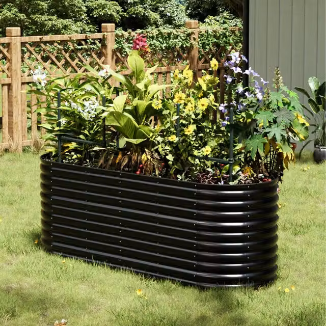 Livingandhome Oval Galvanised Steel Raised Garden Bed in Anthracite