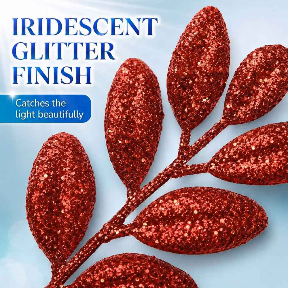 Shatchi Red Glitter Walnut Leaf Christmas Tree Picks, 6 Pack, Height: 35 cm – 4