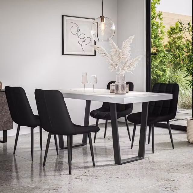 More4Homes Aria Dining Set with Marble Effect Table and 4 Nova Faux Leather Chairs in Black and White