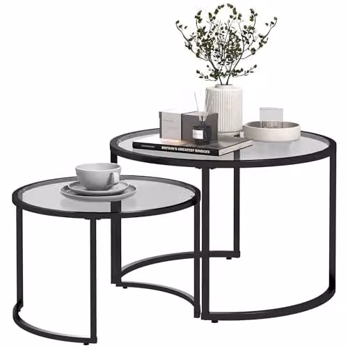 HOMCOM Set of 2 Round Nesting Coffee Tables with Black Glass Tops and Metal Frames
