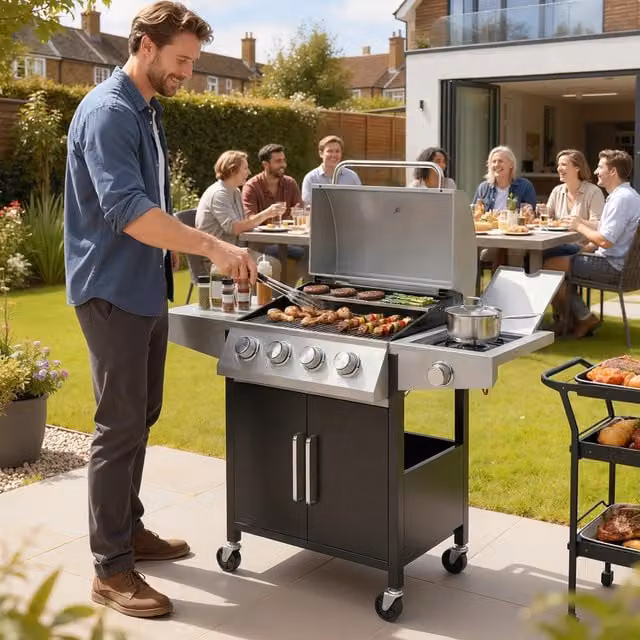 Outsunny 4 plus 1 Burner Gas BBQ Grill with Side Burner and Warming Rack in Silver