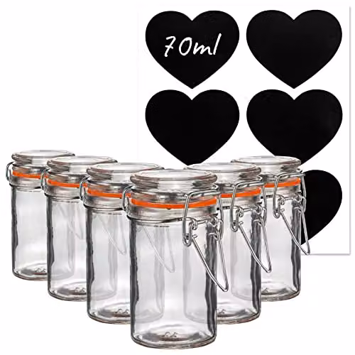 Argon Tableware Set of 6 Transparent Glass Storage Jars with Clip Lids and Heart Labels, 70ml