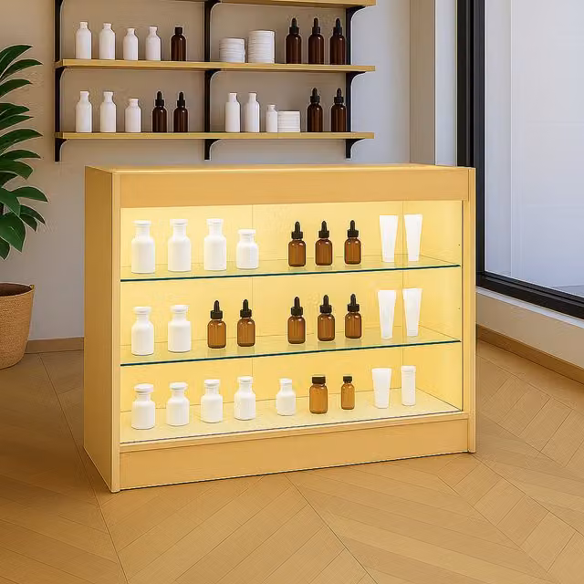 Monster Shop K1200 LED Shop Counter in Beige with Glass Doors and Integrated Lighting