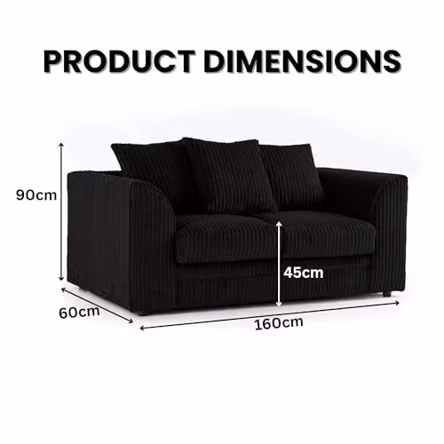 Bliss Furniture Black Jumbo Cord 2-Seater Scatter Back Sofa with Removable Covers and Solid Wood Frame – 3