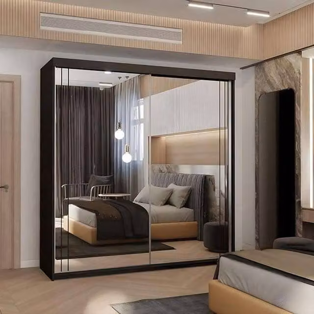 MN Furniture Sudan Modern Sliding Mirror Wardrobe with Integrated LED Lighting in Black, W: 150 cm, H: 217 cm – 1