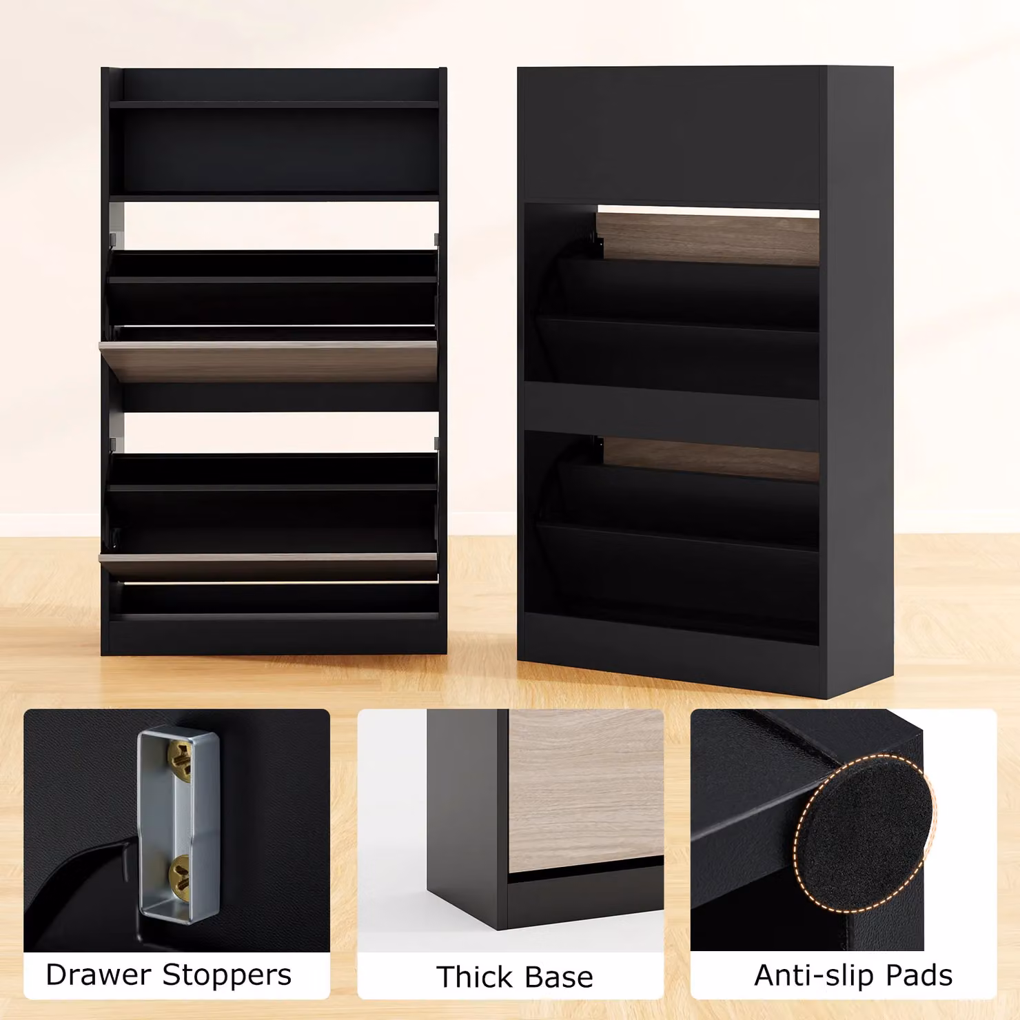 Gymax Modern Wooden Shoe Cabinet in Black with Tilting Compartments and Open Shelf, W/D/H: 60 x 24 x 102 cm – 3