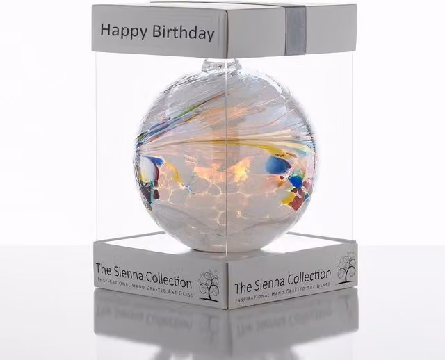Sienna Glass White Happy Birthday Friendship Ball Bauble, Diameter: 10 cm