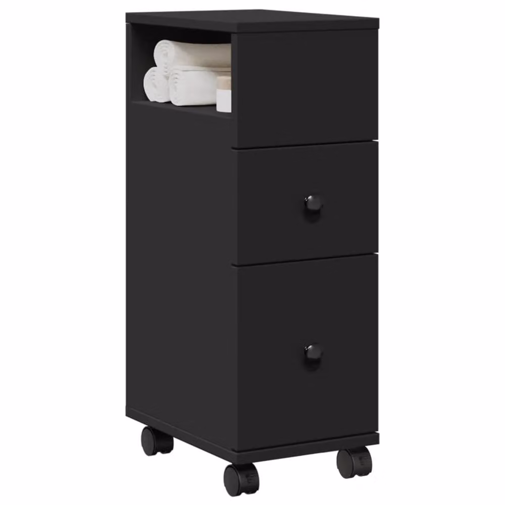 Berkfield Home Narrow Bathroom Cabinet with Wheels in Black Matt MDF, H: 65 cm, W: 23 cm, D: 33 cm – 2