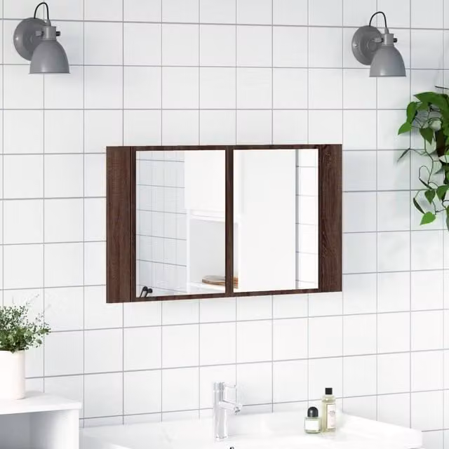 Berkfield Home LED Bathroom Mirror Cabinet in Brown Oak, W: 80 cm, D: 12 cm, H: 45 cm – 1