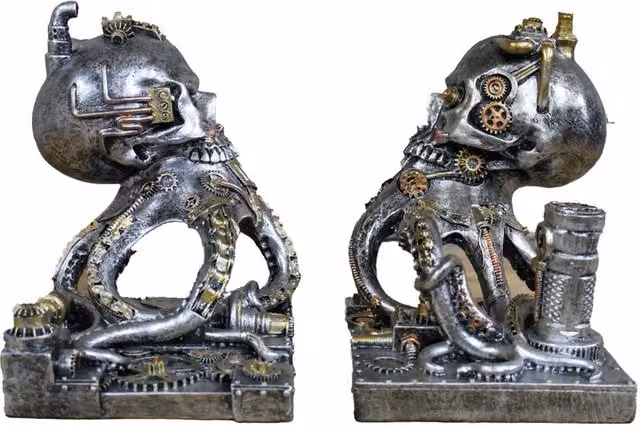 Gifts Direct 2 U Steampunk Octopus Skull Metal Bookends in Gold and Multicolour, 2-Piece Set – 4