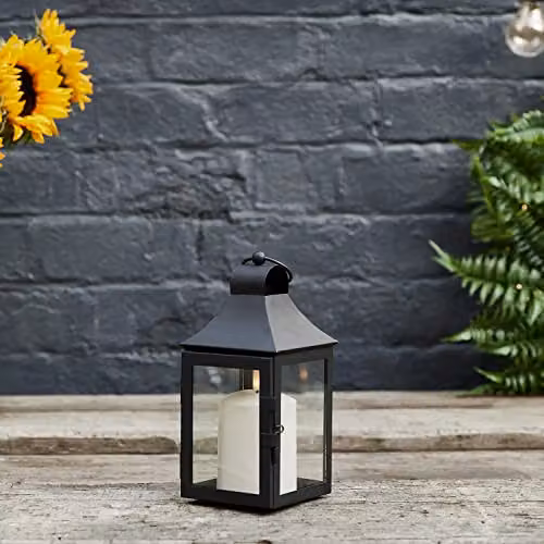 Lights4fun Albury Black Metal Outdoor Garden LED Lantern with TruGlow Pillar Candle and Remote Control, Height: 25 cm – 2