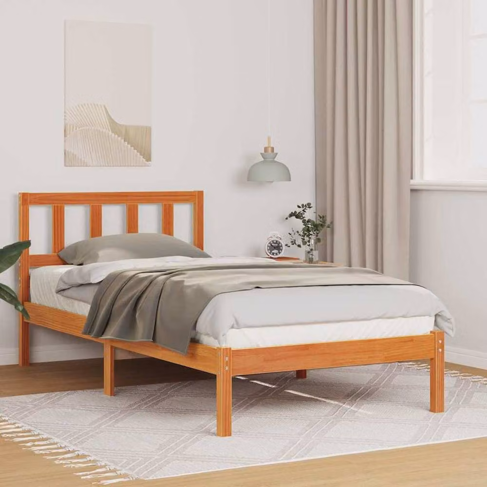 Berkfield Home Solid Pine Wood Bed with Headboard in Wax Brown, W/D/H: 100 x 200 cm – 2
