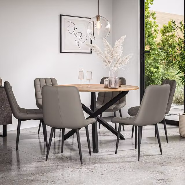 More4Homes Malvern Round Dining Table and 6 Nova Grey Faux Leather Chairs Set, Oak Top with Black Legs – 1