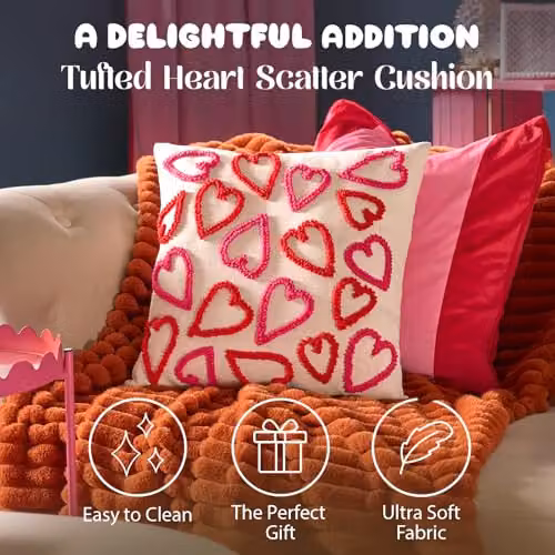 OHS Heart Tufted Square Scatter Cushion in Red and Pink, 40 x 40 cm – 2