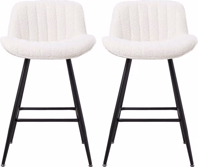 Livingandhome Set of 2 White Sherpa Fleece and Bouclé Upholstered Bar Stools with Metal Legs