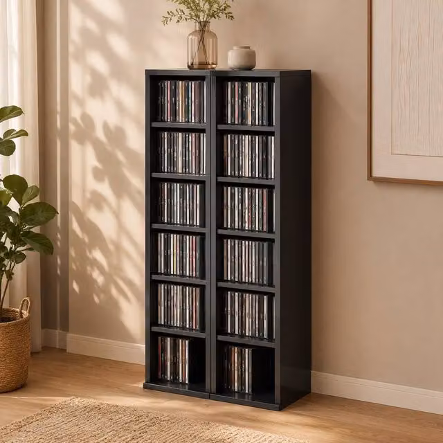 STILVORA Set of 2 Black Modern CD Storage Units with Adjustable Shelves – 1