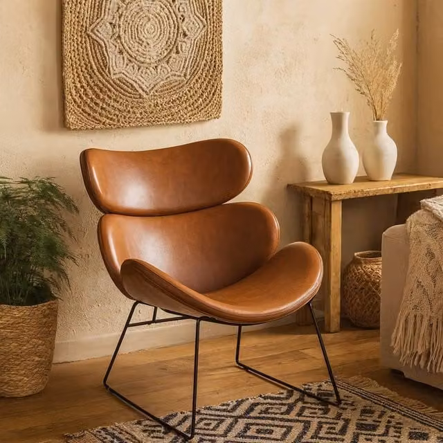 Wyld Haus Mazapan Lounge Chair in Brown Faux Leather with Metal Frame