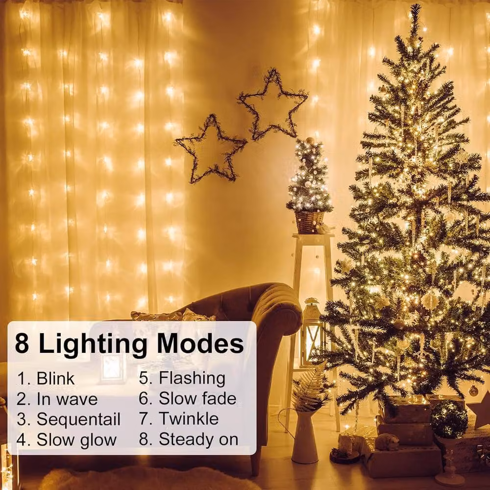 Garwarm White LED Curtain Fairy Lights with 300 LEDs, Remote Control, Timer and Dimmable Settings, W/H: 3 x 3 m – 4