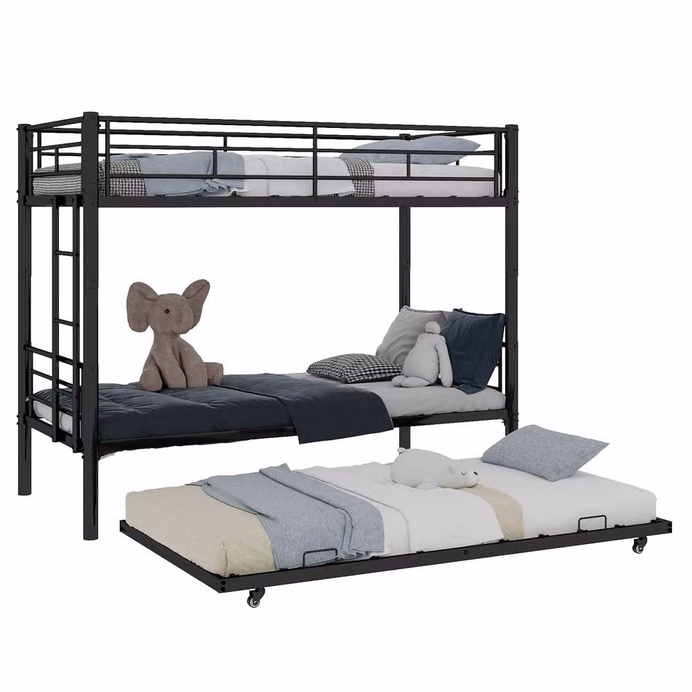 STILVORA Modern Metal 3ft Single Bunk Bed Frame with Pull-Out Bed in Black – 3