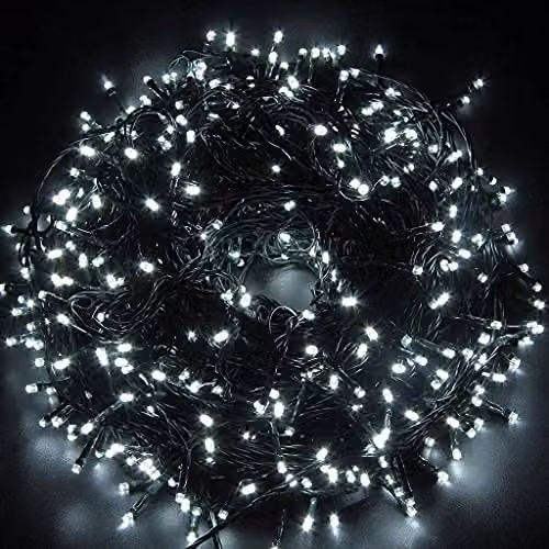 SHATCHI 200 LED Fairy String Lights in Cool White with Green Cable, Mains Powered with Auto Timer and 8 Modes for Indoor and Outdoor Decoration