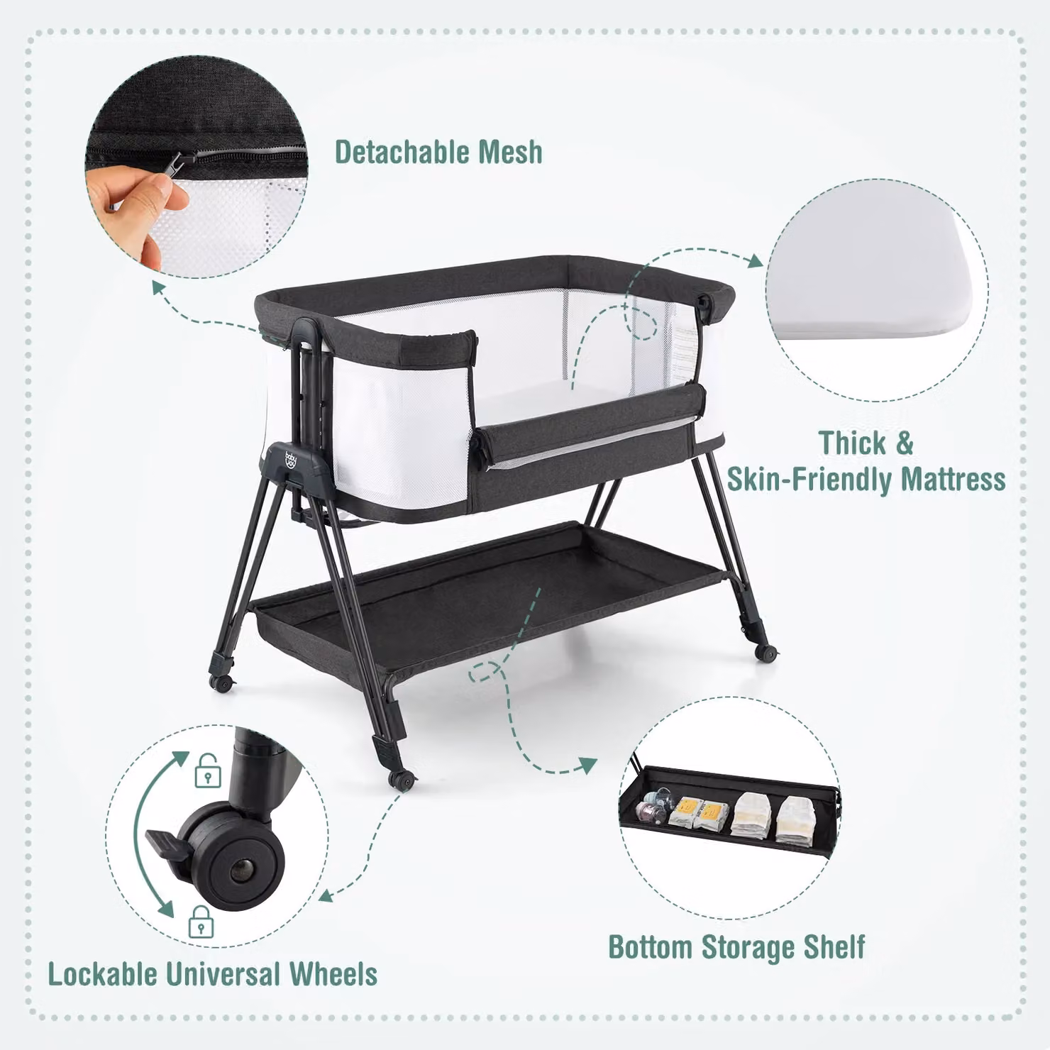 Costway Folding Baby Bedside Crib and Portable Sleeper Bassinet in Grey – 3