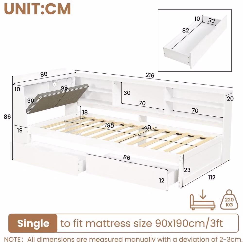 STILVORA Single Day Bed with Storage Drawers and USB Charging Port, White, W/D/H: 90 x 190 cm – 2