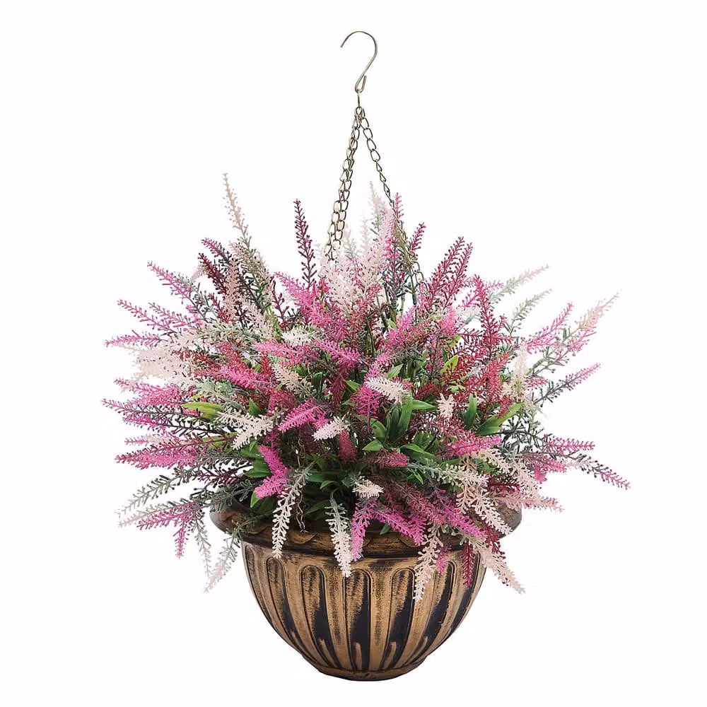 Coopers of Stortford Artificial Pink and Purple Heather Hanging Basket with Bronze-Effect Planter – 2