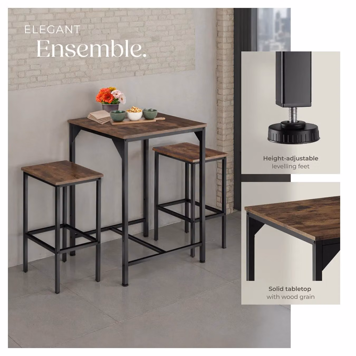 tectake Inverness Dining Table and 2 Bar Stools Set in Brown – 3