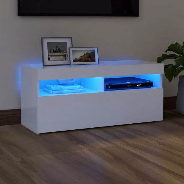 Berkfield Home Modern Glossy White TV Cabinet with LED Lights W/D/H: 90 x 35 x 40 cm – 1