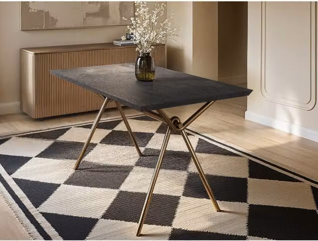 Solace+Co Lexi Rectangular Dining Table in Black and Gold with X-Frame Metal Legs, W/D/H: 140 x 75 x 80 cm
