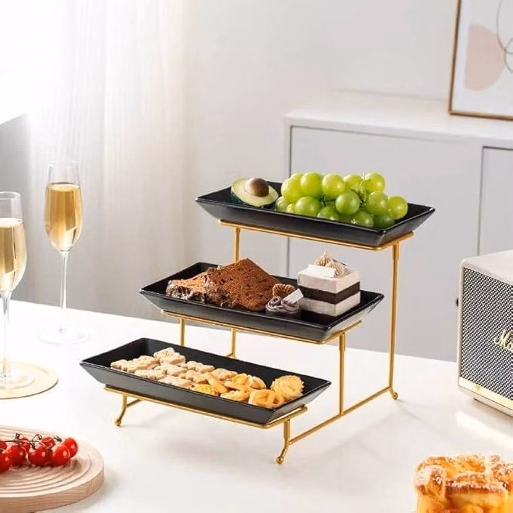 VOGREX 3 Tier Ceramic Cake and Dessert Serving Platter Set in Multicolour and Black – 2