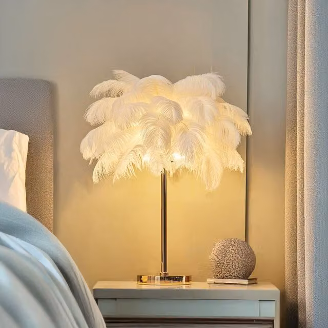 Living Star Modern White Feather Table Lamp with Mirror Detail