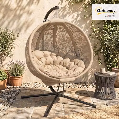 Outsunny Egg Hanging Swing Chair with Metal Stand and Cushions in Sand and Brown – 2