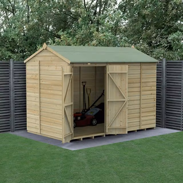 Beckwood 10x6 Reverse Apex Wooden Garden Shed in Green and Brown with Floor and Lock