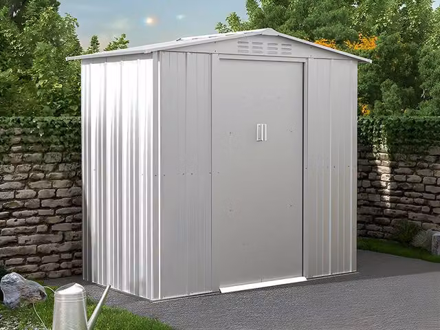 Vente-unique LINUS Galvanised Steel Garden Shed in Light Grey with Double Doors and Gable Roof – 1