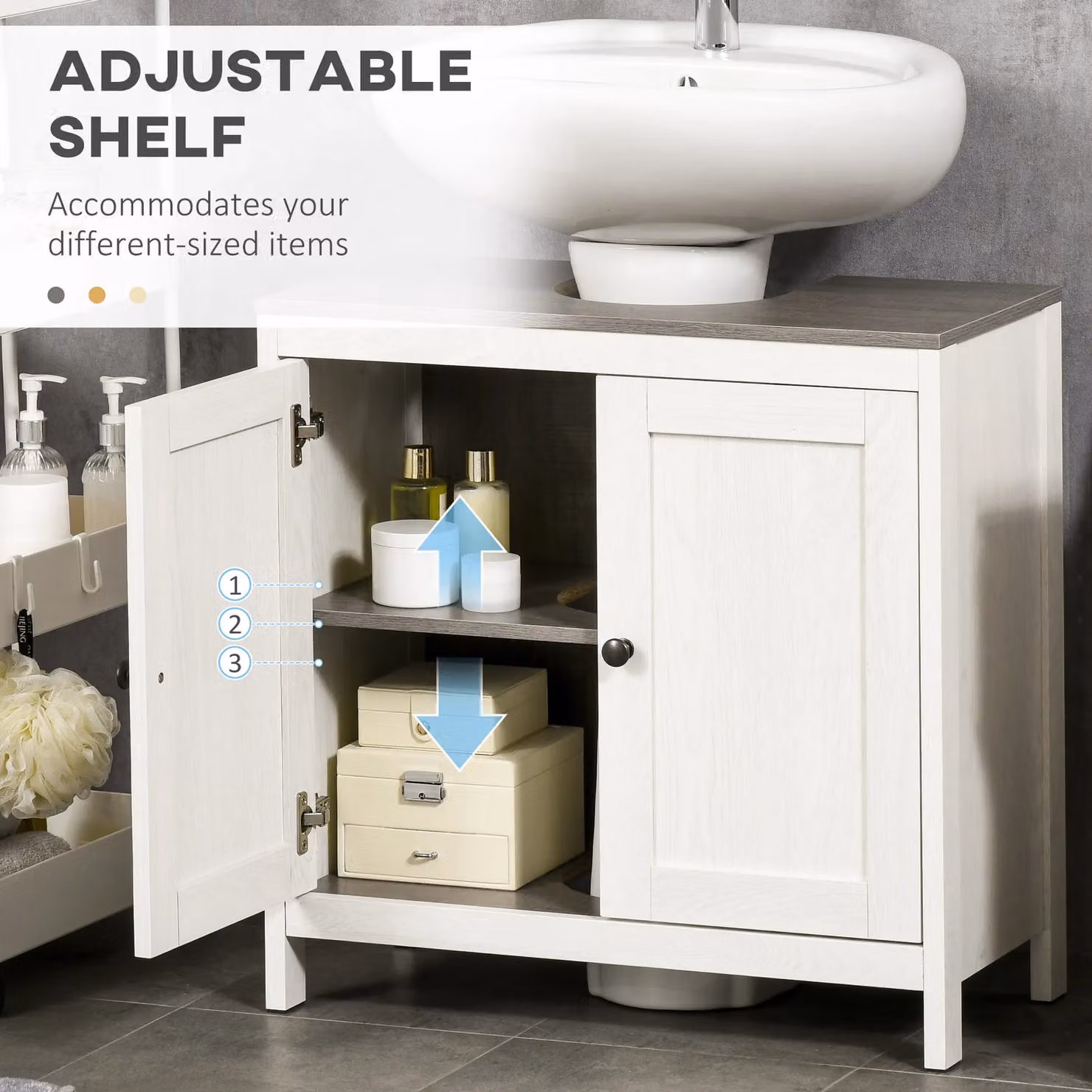 Kleankin Modern White Bathroom Furniture Set with Internal Shelves and Hinged Doors – 3